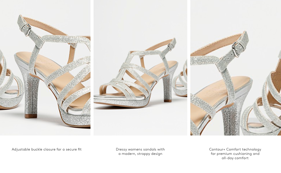 Dressy WOmen's sandals with a modern, strappy design. Contour+ Comfort tech for all-day comfort.