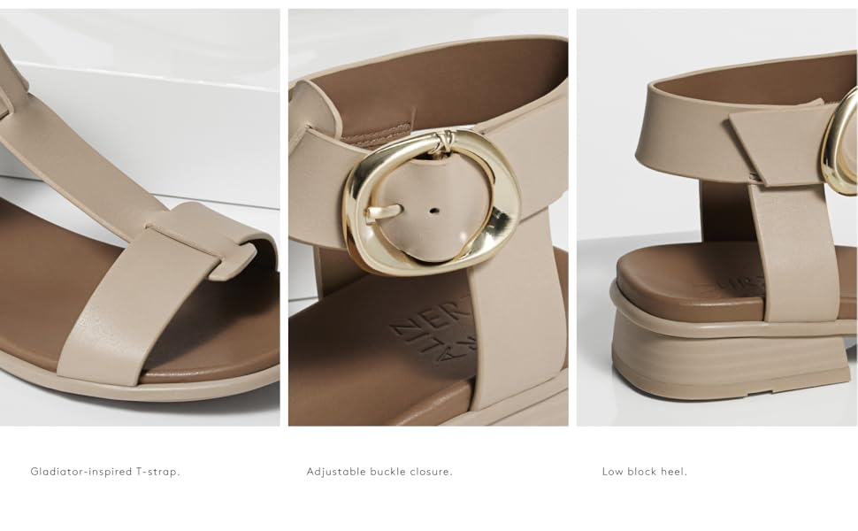 Gladiator-inspired T-strap, adjustable buckle closure, low block heel.