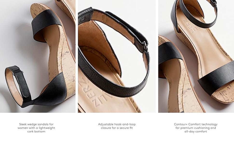 Sleek wedge sandals for women with a lightweight cork bottom. 